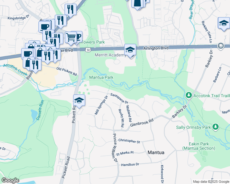 map of restaurants, bars, coffee shops, grocery stores, and more near 9220 Santayana Drive in Fairfax