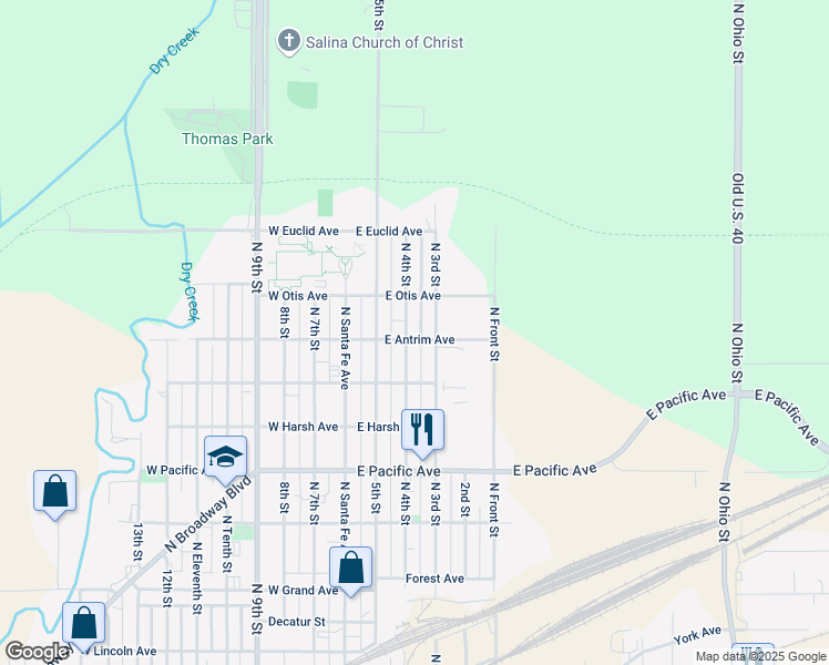 map of restaurants, bars, coffee shops, grocery stores, and more near 1200 North 4th Street in Salina