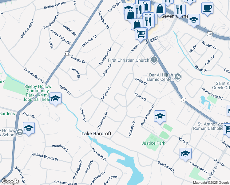 map of restaurants, bars, coffee shops, grocery stores, and more near 6308 Anneliese Drive in Falls Church