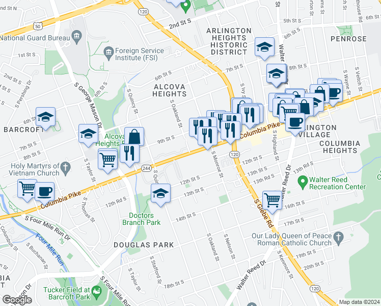 map of restaurants, bars, coffee shops, grocery stores, and more near 3742 Columbia Pike in Arlington
