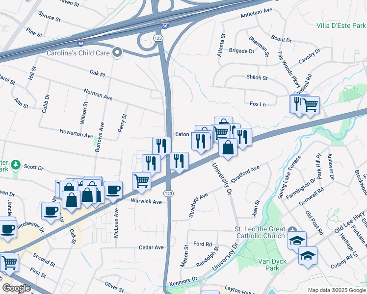 map of restaurants, bars, coffee shops, grocery stores, and more near 3565 Chain Bridge Road in Fairfax
