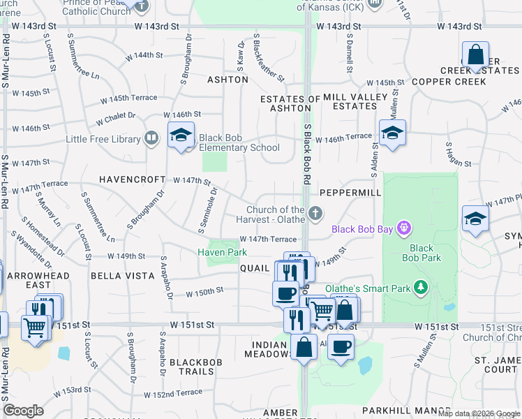 map of restaurants, bars, coffee shops, grocery stores, and more near 14725 South Kaw Drive in Olathe
