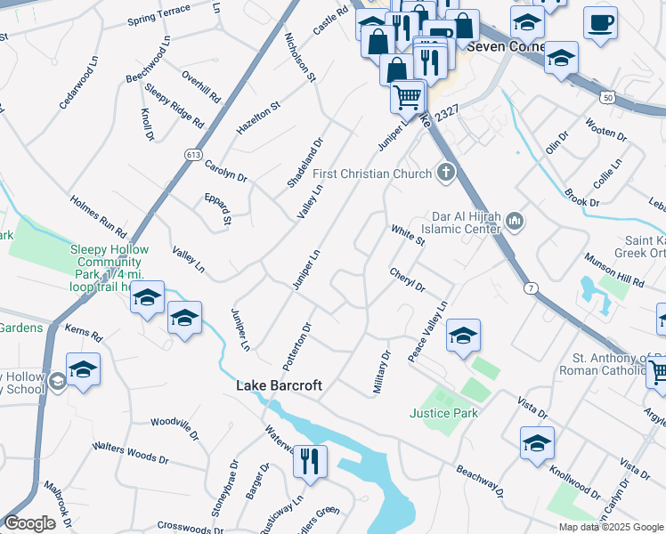 map of restaurants, bars, coffee shops, grocery stores, and more near 6308 Anneliese Drive in Falls Church