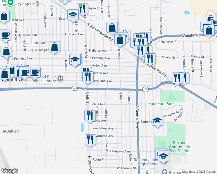 map of restaurants, bars, coffee shops, grocery stores, and more near 743 East Madison Avenue in Wood River