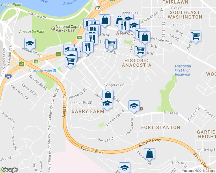 map of restaurants, bars, coffee shops, grocery stores, and more near 1419 Bangor Street Southeast in Washington