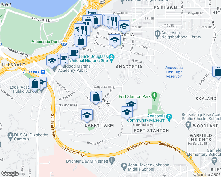 map of restaurants, bars, coffee shops, grocery stores, and more near 2301 Pitts Place Southeast in Washington