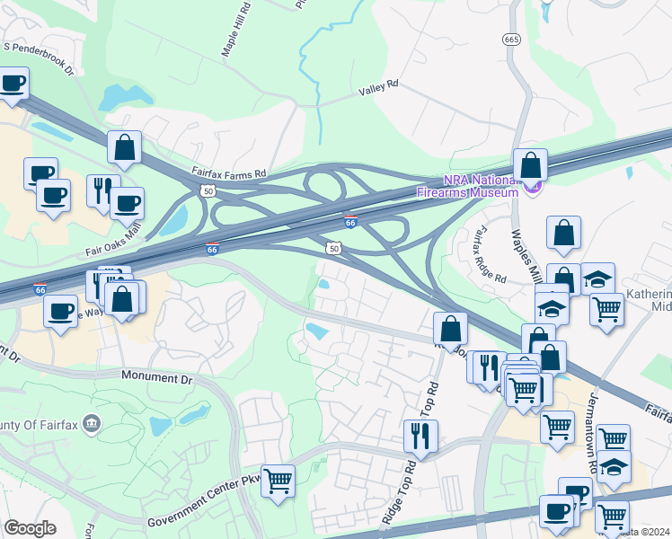 map of restaurants, bars, coffee shops, grocery stores, and more near 4030 Stonehenge Way in Fairfax