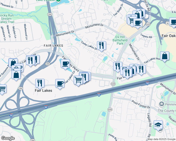 map of restaurants, bars, coffee shops, grocery stores, and more near 12431 Oak Rail Lane in Fairfax