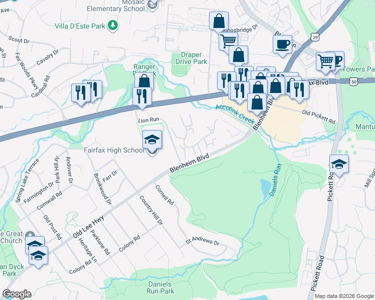 map of restaurants, bars, coffee shops, grocery stores, and more near 3600 Devilwood Court in Fairfax