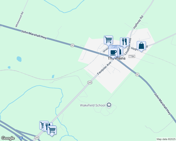 map of restaurants, bars, coffee shops, grocery stores, and more near 6421 Ashby Lane in The Plains