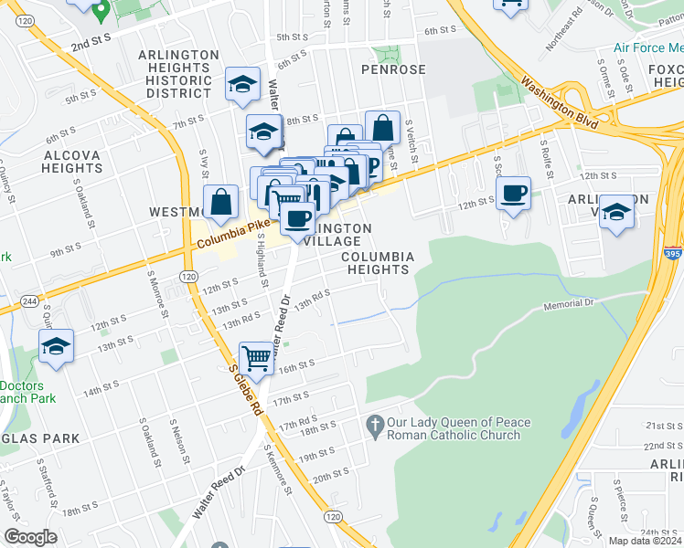 map of restaurants, bars, coffee shops, grocery stores, and more near 2704 13th Street South in Arlington