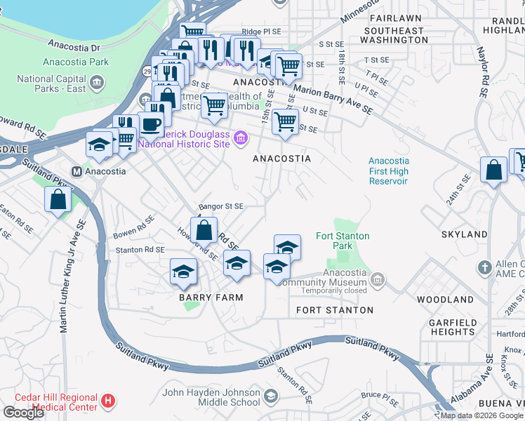 map of restaurants, bars, coffee shops, grocery stores, and more near 1495 Bangor Street Southeast in Washington