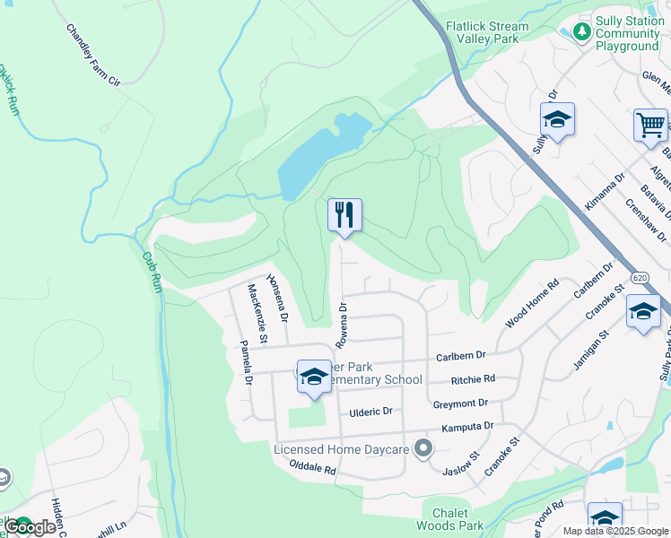 map of restaurants, bars, coffee shops, grocery stores, and more near 5610 Rowena Drive in Centreville