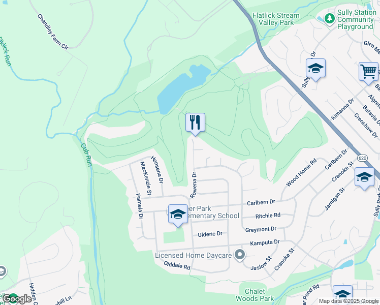 map of restaurants, bars, coffee shops, grocery stores, and more near 5610 Rowena Drive in Centreville