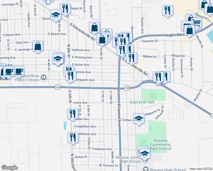 map of restaurants, bars, coffee shops, grocery stores, and more near 907 East Madison Avenue in Wood River