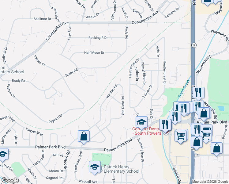 map of restaurants, bars, coffee shops, grocery stores, and more near 1914 Wooten Road in Colorado Springs
