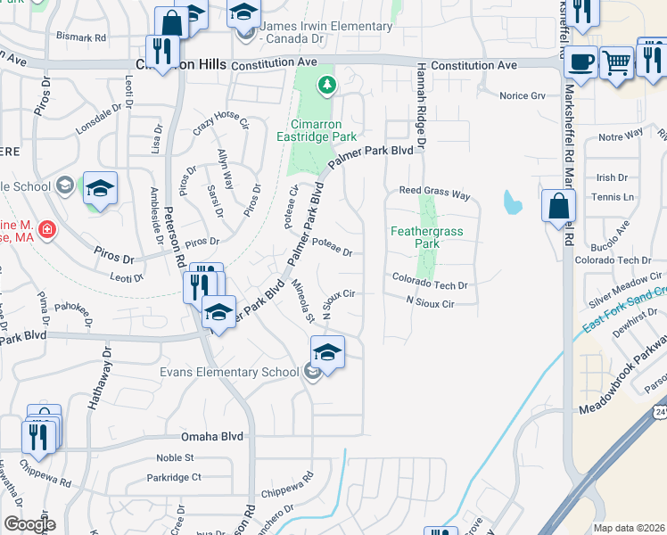 map of restaurants, bars, coffee shops, grocery stores, and more near 7230 Watonga Ct in Colorado Springs
