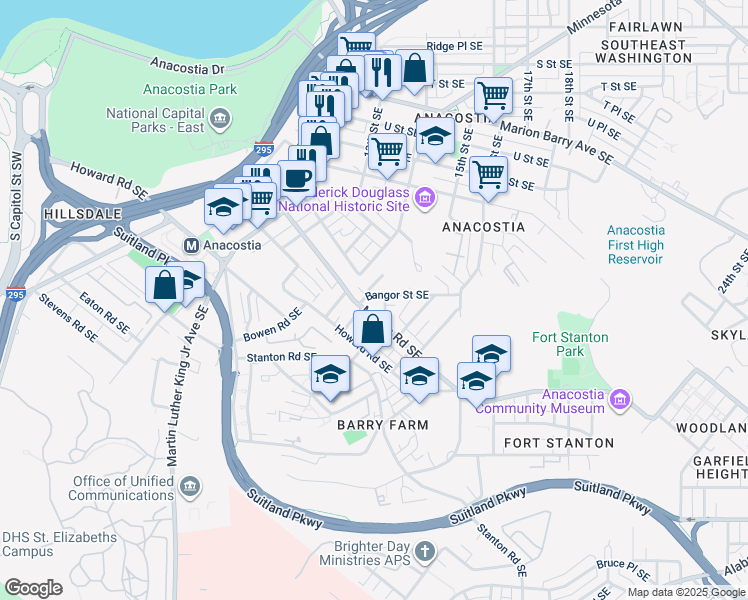 map of restaurants, bars, coffee shops, grocery stores, and more near 1415 Bangor Street Southeast in Washington