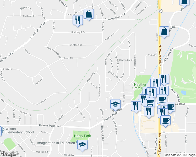 map of restaurants, bars, coffee shops, grocery stores, and more near 1822 Van Diest Road in Colorado Springs