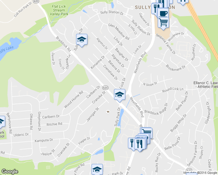 map of restaurants, bars, coffee shops, grocery stores, and more near 14700 Braddock Road in Centreville