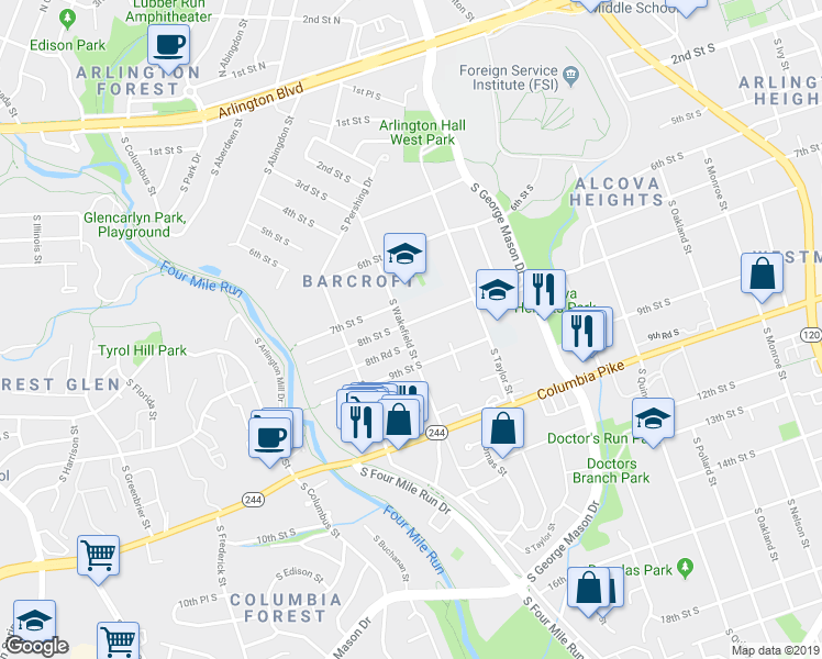map of restaurants, bars, coffee shops, grocery stores, and more near 4516 8th Street South in Arlington