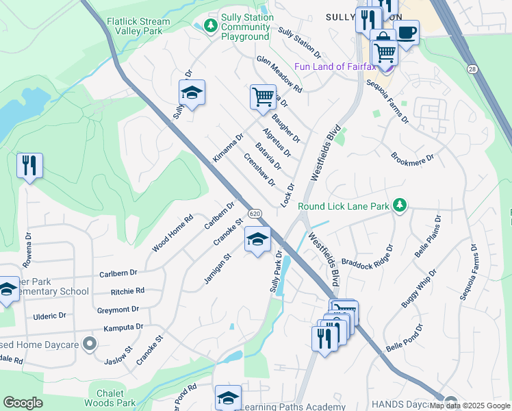 map of restaurants, bars, coffee shops, grocery stores, and more near 14700 Braddock Road in Centreville