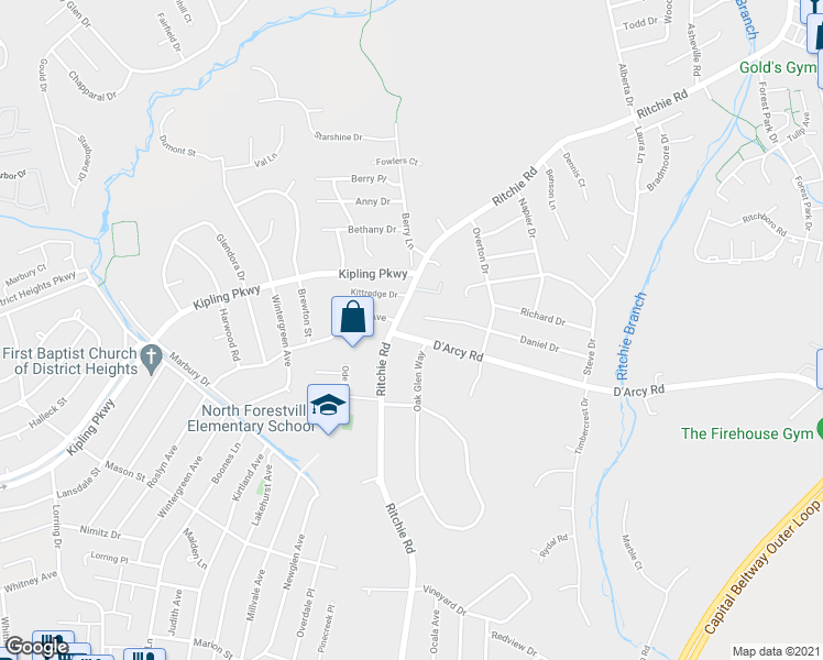 map of restaurants, bars, coffee shops, grocery stores, and more near 7802 D'Arcy Road in District Heights