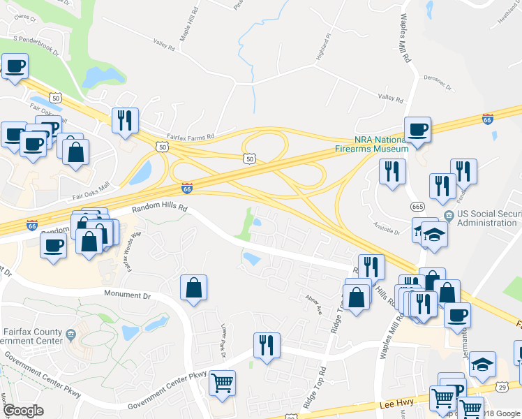 map of restaurants, bars, coffee shops, grocery stores, and more near 4029 Shaughnessy Court in Fairfax
