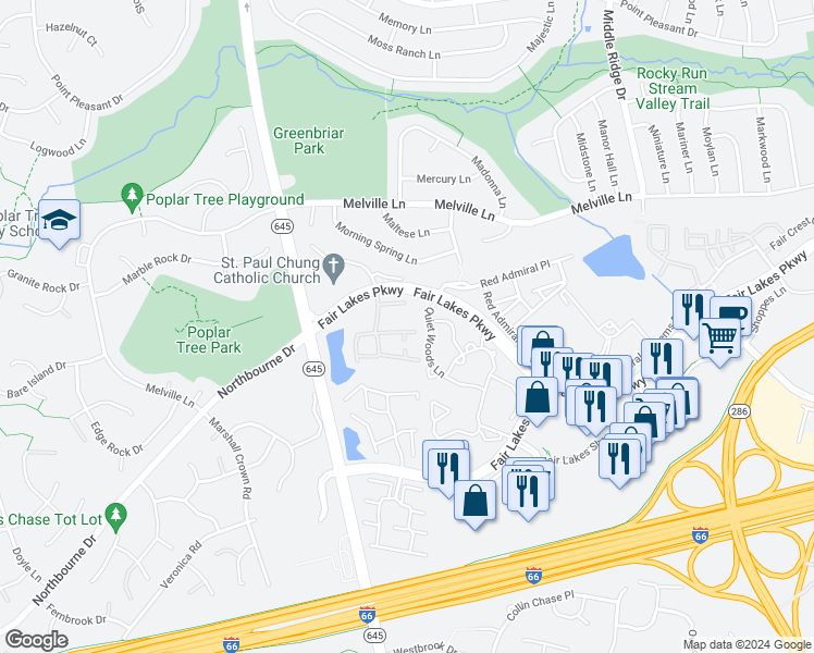 map of restaurants, bars, coffee shops, grocery stores, and more near 13106 Hearthside Lane in Fairfax