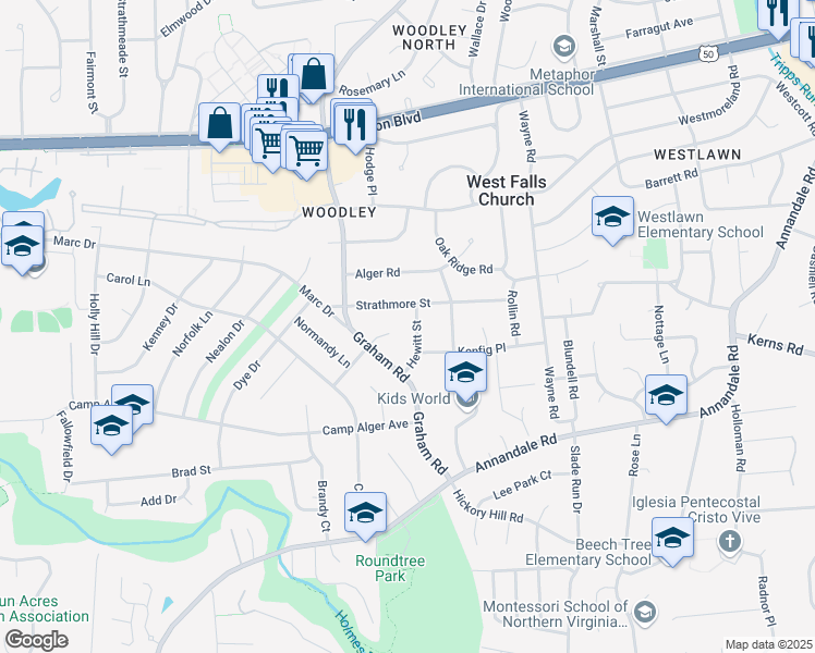 map of restaurants, bars, coffee shops, grocery stores, and more near 3204 Hewitt Street in Falls Church