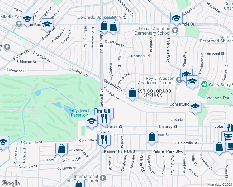 map of restaurants, bars, coffee shops, grocery stores, and more near 1930 East La Salle Street in Colorado Springs