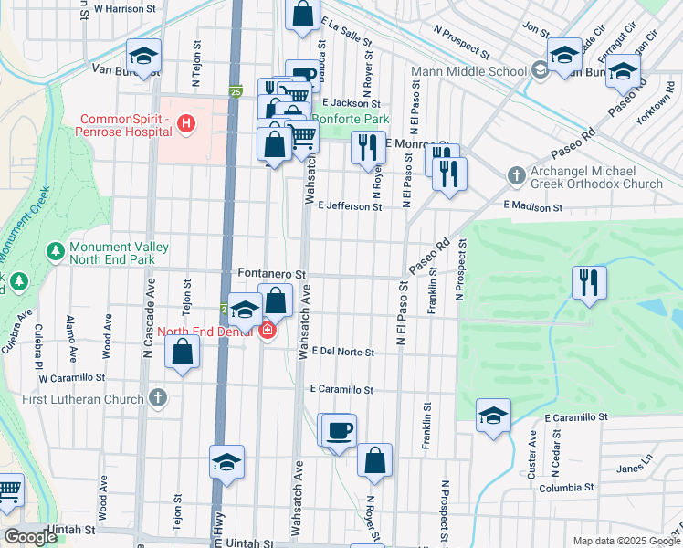 map of restaurants, bars, coffee shops, grocery stores, and more near 420 East Fontanero Street in Colorado Springs