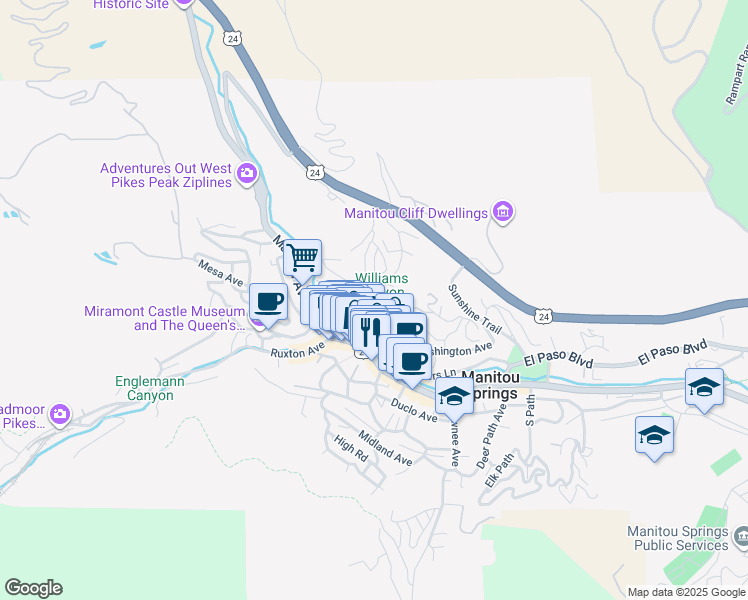 map of restaurants, bars, coffee shops, grocery stores, and more near in Manitou Springs
