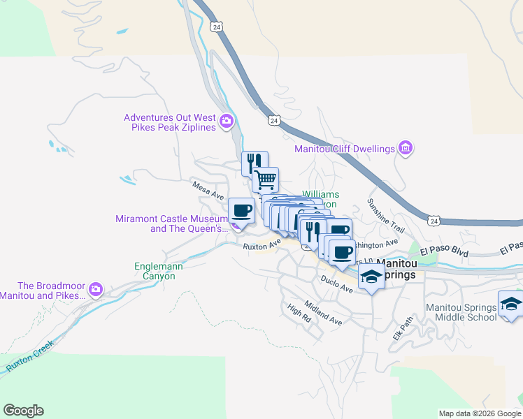 map of restaurants, bars, coffee shops, grocery stores, and more near 1106 Manitou Avenue in Manitou Springs