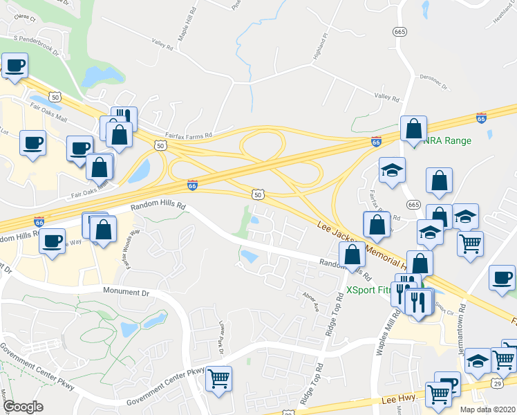 map of restaurants, bars, coffee shops, grocery stores, and more near 4029 Shaughnessy Court in Fairfax