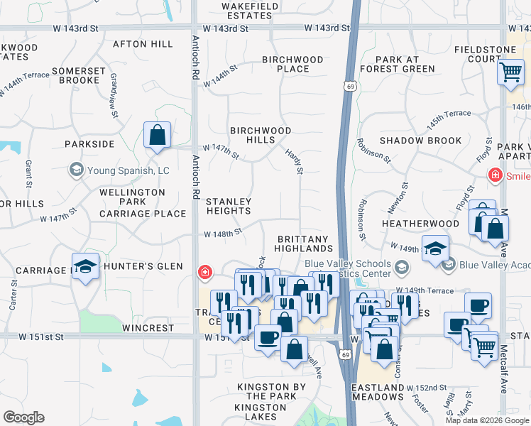 map of restaurants, bars, coffee shops, grocery stores, and more near 14724 Goodman Street in Overland Park