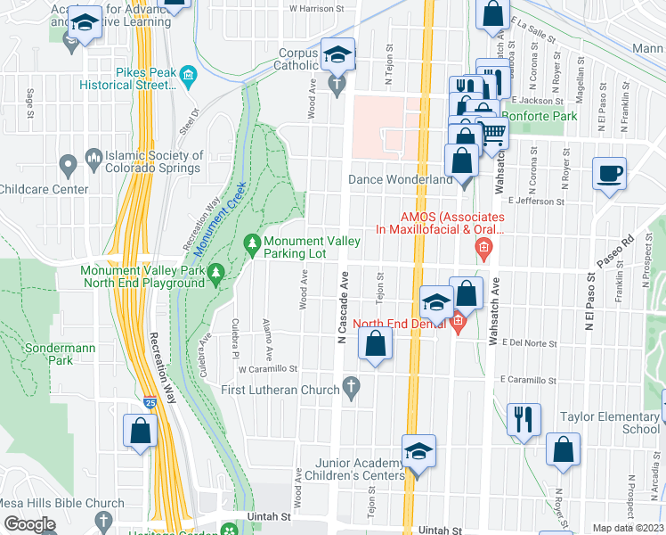 map of restaurants, bars, coffee shops, grocery stores, and more near 1832 North Cascade Avenue in Colorado Springs