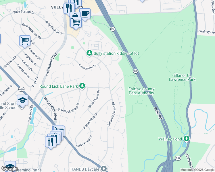 map of restaurants, bars, coffee shops, grocery stores, and more near 14362 Round Lick Lane in Centreville