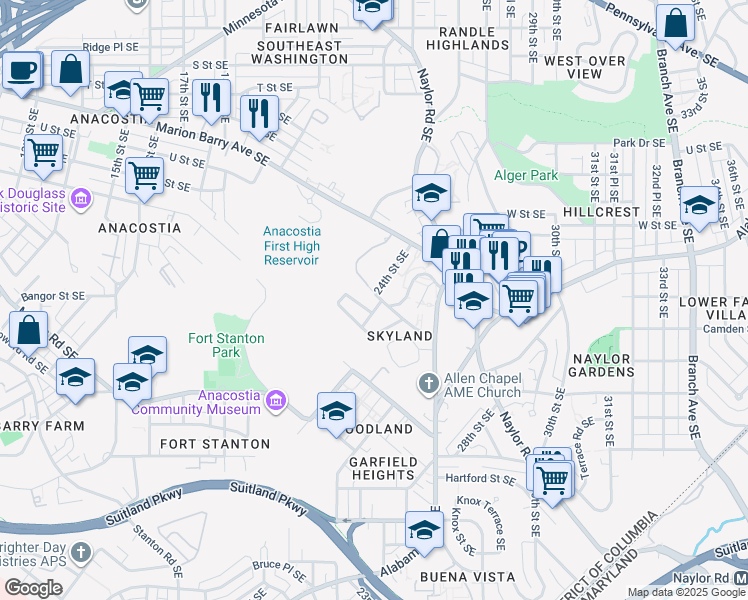 map of restaurants, bars, coffee shops, grocery stores, and more near 2309 Wagner Street Southeast in Washington