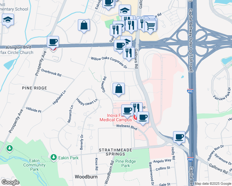 map of restaurants, bars, coffee shops, grocery stores, and more near 3305 Cannongate Road in Fairfax