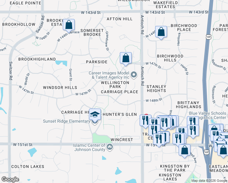 map of restaurants, bars, coffee shops, grocery stores, and more near 9009 147th Place in Overland Park