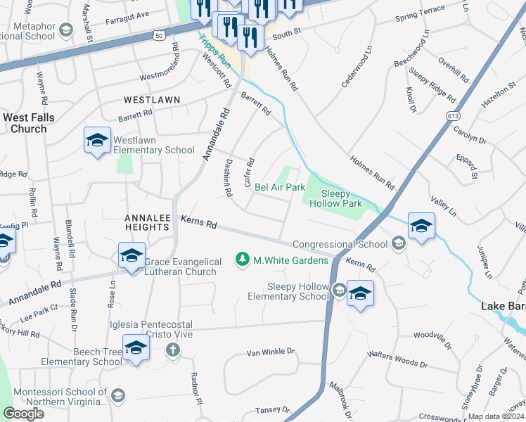 map of restaurants, bars, coffee shops, grocery stores, and more near 3221 Dashiell Road in Falls Church