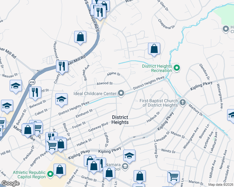 map of restaurants, bars, coffee shops, grocery stores, and more near in District Heights