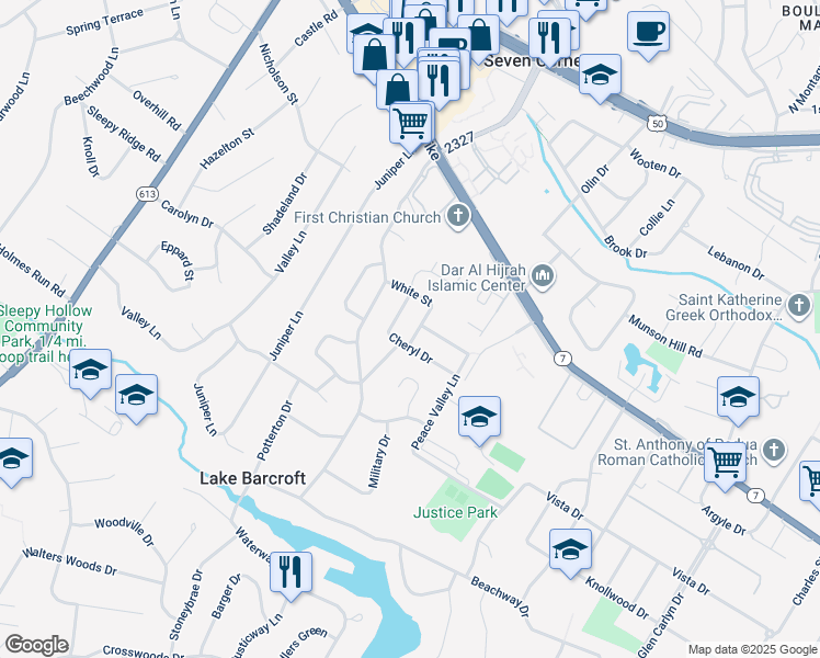 map of restaurants, bars, coffee shops, grocery stores, and more near 3206 White Street in Falls Church
