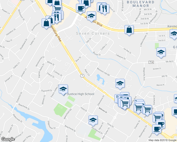 map of restaurants, bars, coffee shops, grocery stores, and more near 3222 Apex Cir in Falls Church