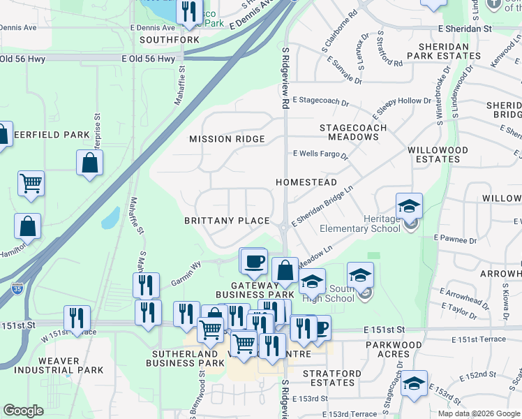 map of restaurants, bars, coffee shops, grocery stores, and more near 1368 South Hunter Drive in Olathe
