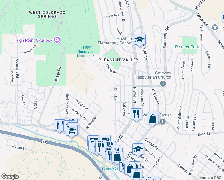 map of restaurants, bars, coffee shops, grocery stores, and more near 688 Echo Lane in Colorado Springs