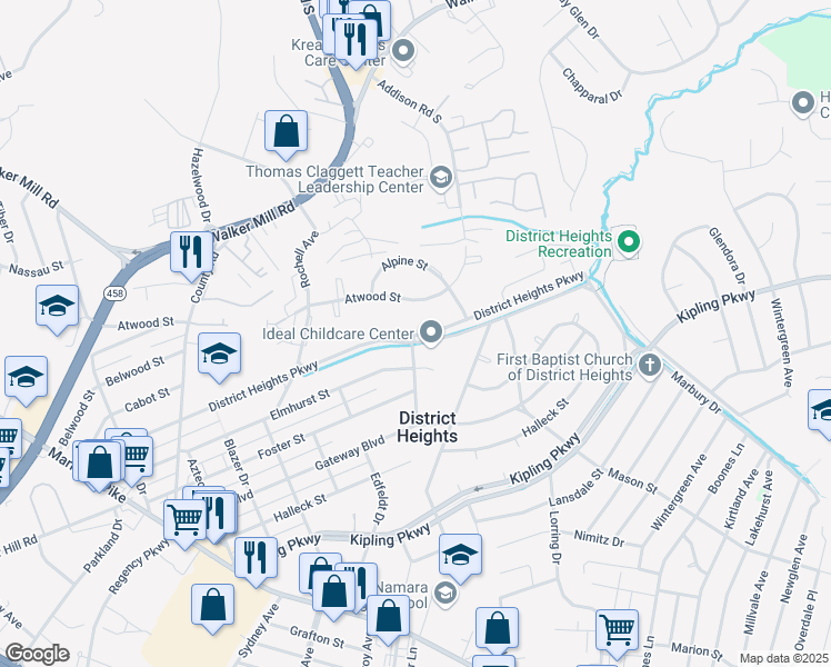 map of restaurants, bars, coffee shops, grocery stores, and more near in District Heights