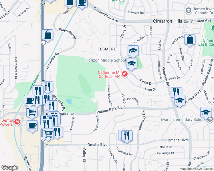 map of restaurants, bars, coffee shops, grocery stores, and more near 1960 Okeechobee Drive in Colorado Springs