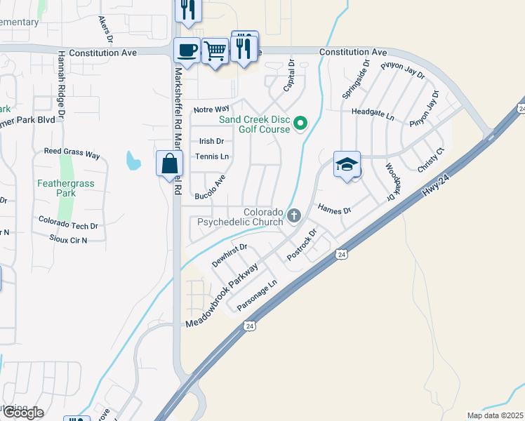 map of restaurants, bars, coffee shops, grocery stores, and more near 1797 Silver Meadow Circle in Colorado Springs